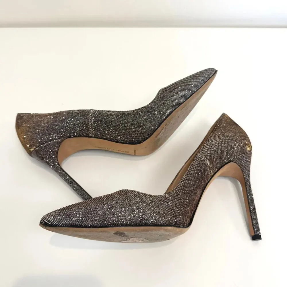 Manolo Blahnik BB 105 Nott Gold Glitter Pumps 39 Metallic Gray Point Toe Heels